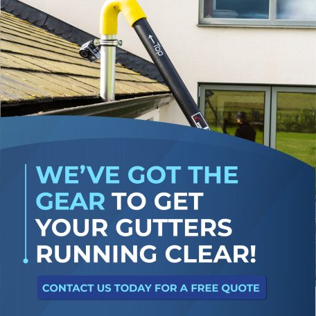 Promotional graphic for gutter cleaning services with contact information.